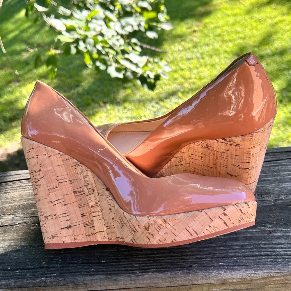 Vince Camuto Wedges Faran Size 10‎ Nude Patent Leather Cork Platform Boho Chic